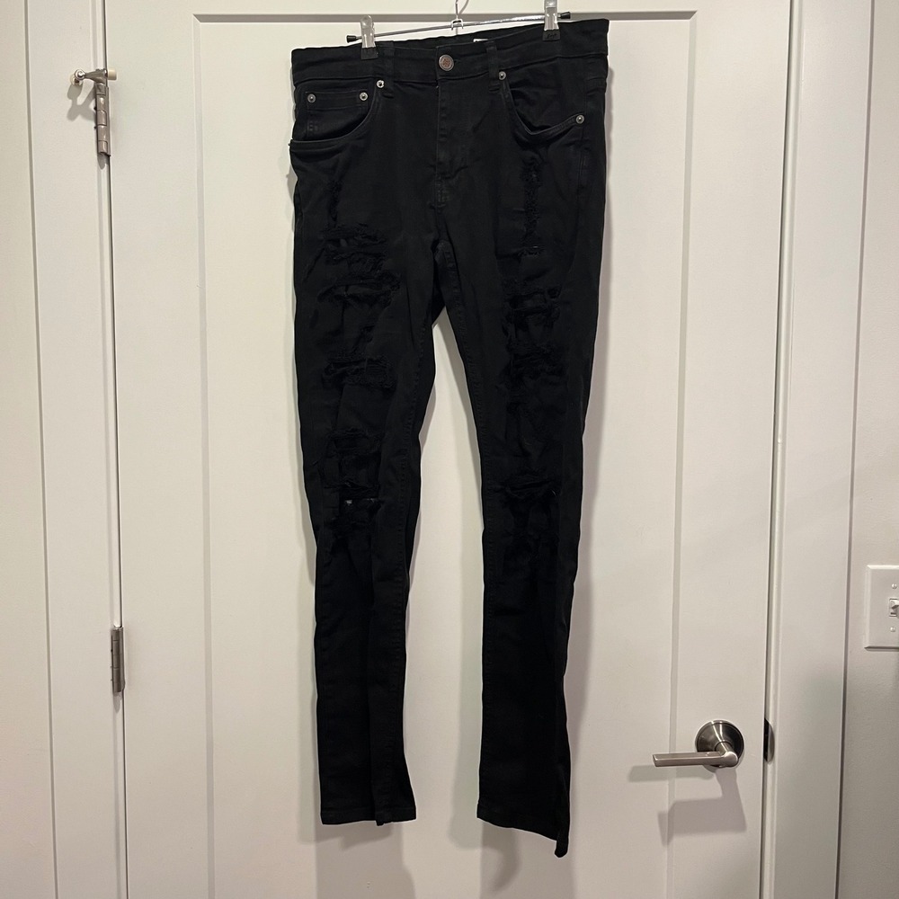 Copper Rivet Mens Slim Straight Distressed Ripped Black Denim Jeans 32x32